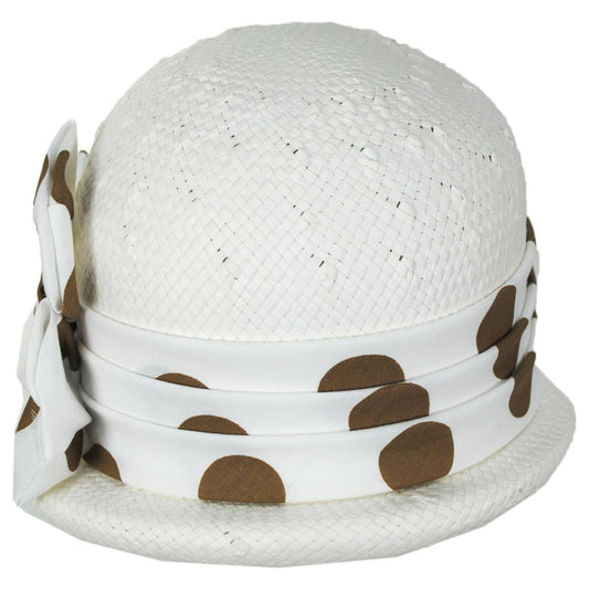 Kathy Jeanne | Double Bow Polka Dot Toyo Straw Cloche Hat | 100723 | front | WHT/BRN DOT