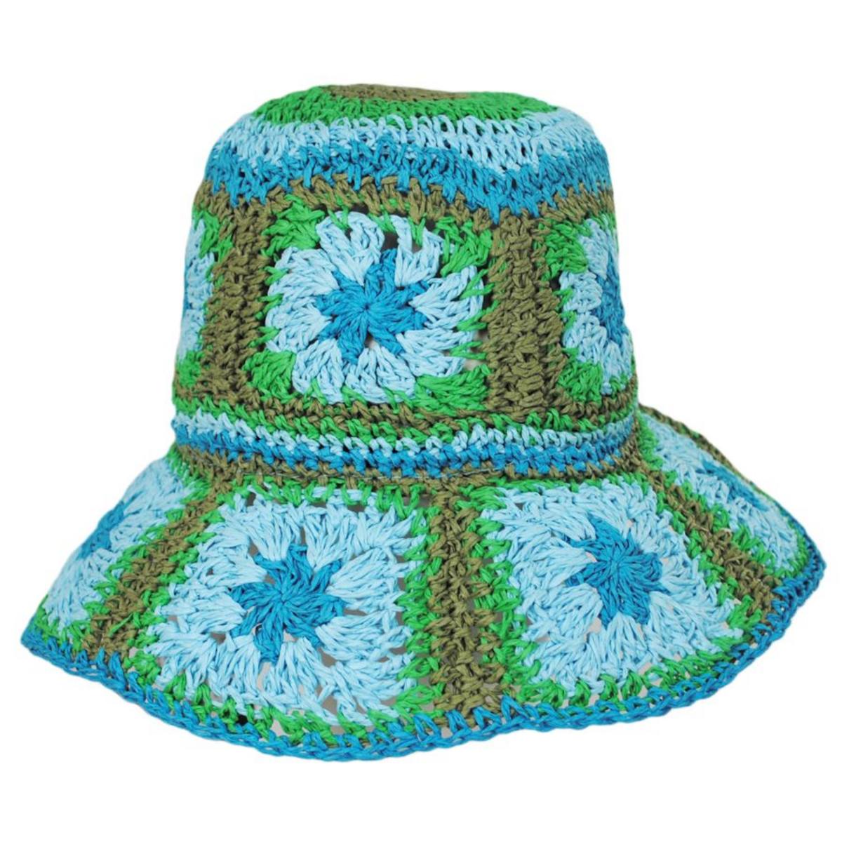Peter Grimm - Fergie Granny Square Hand Crochet Toyo Straw Bucket Hat - 758514152790 - TEAL