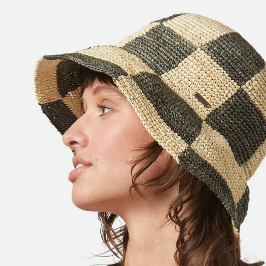 BRIXTON HATS | Redding Checkered Crochet Raffia Straw Bucket Hat | 104062 | lsmone | WHITECAP/BLACK