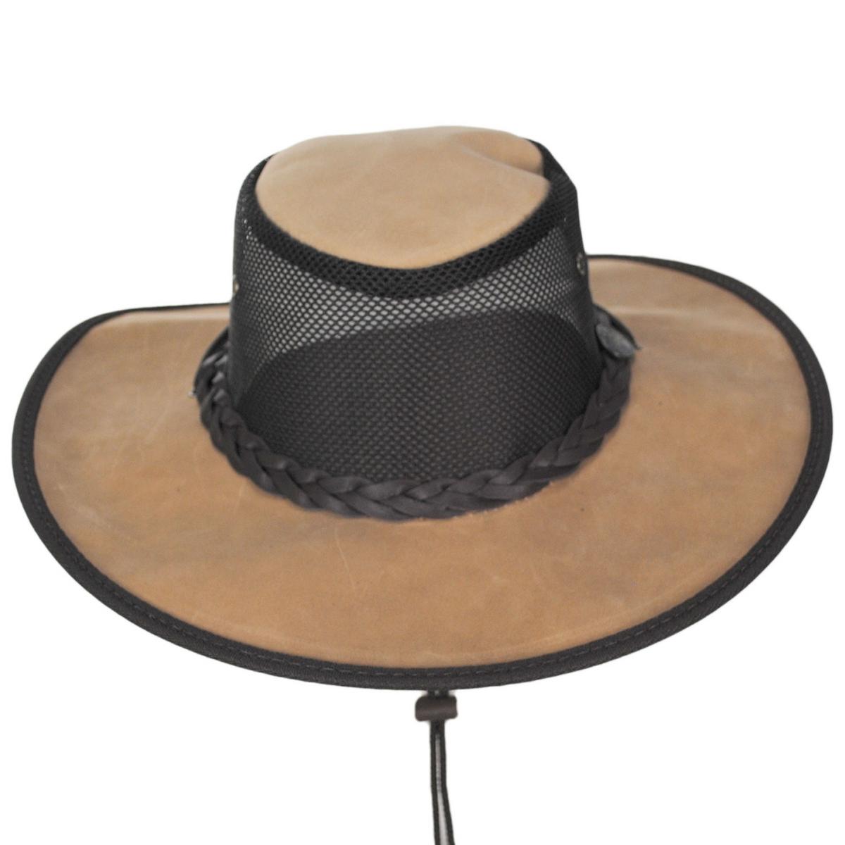 Barmah | Cooler Bronco Cattle Leather Mesh Foldaway Drover Hat | 400907 | front | DRIFTWOOD