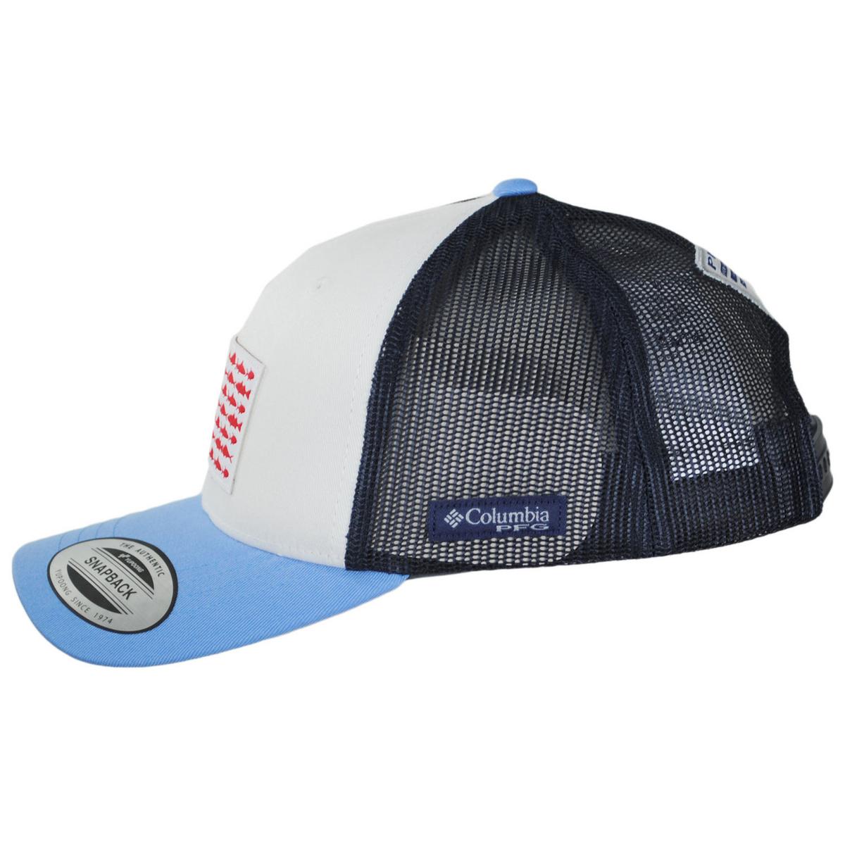 Columbia Sportswear | Kid's PFG Fish Flag Snapback Baseball Cap | 509610 | front | WHITE AGATE BLUE COLLEGIATE BLUE