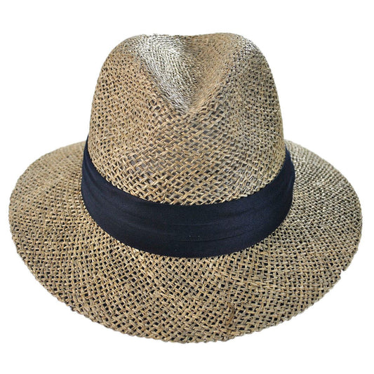 Jaxon Hats | Wholesale Seagrass Straw Safari Fedora Hat B2B Pre-Pack | B2B129916 | front | NATURAL/NAVY