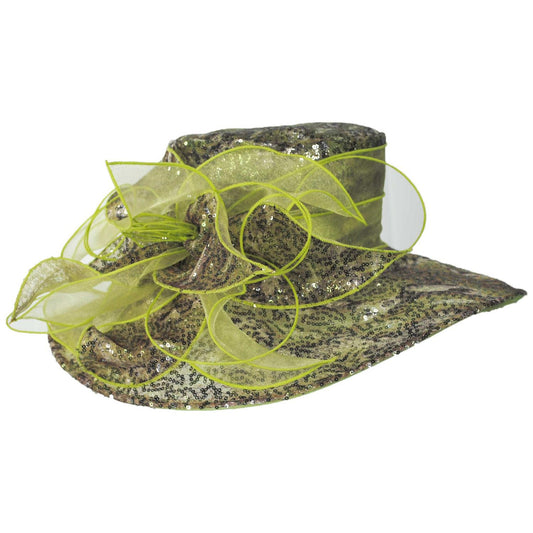 Something Special | Two Tone Sequin Organza Boater Dress Hat | 121337 | front | GREEN/PURPLE