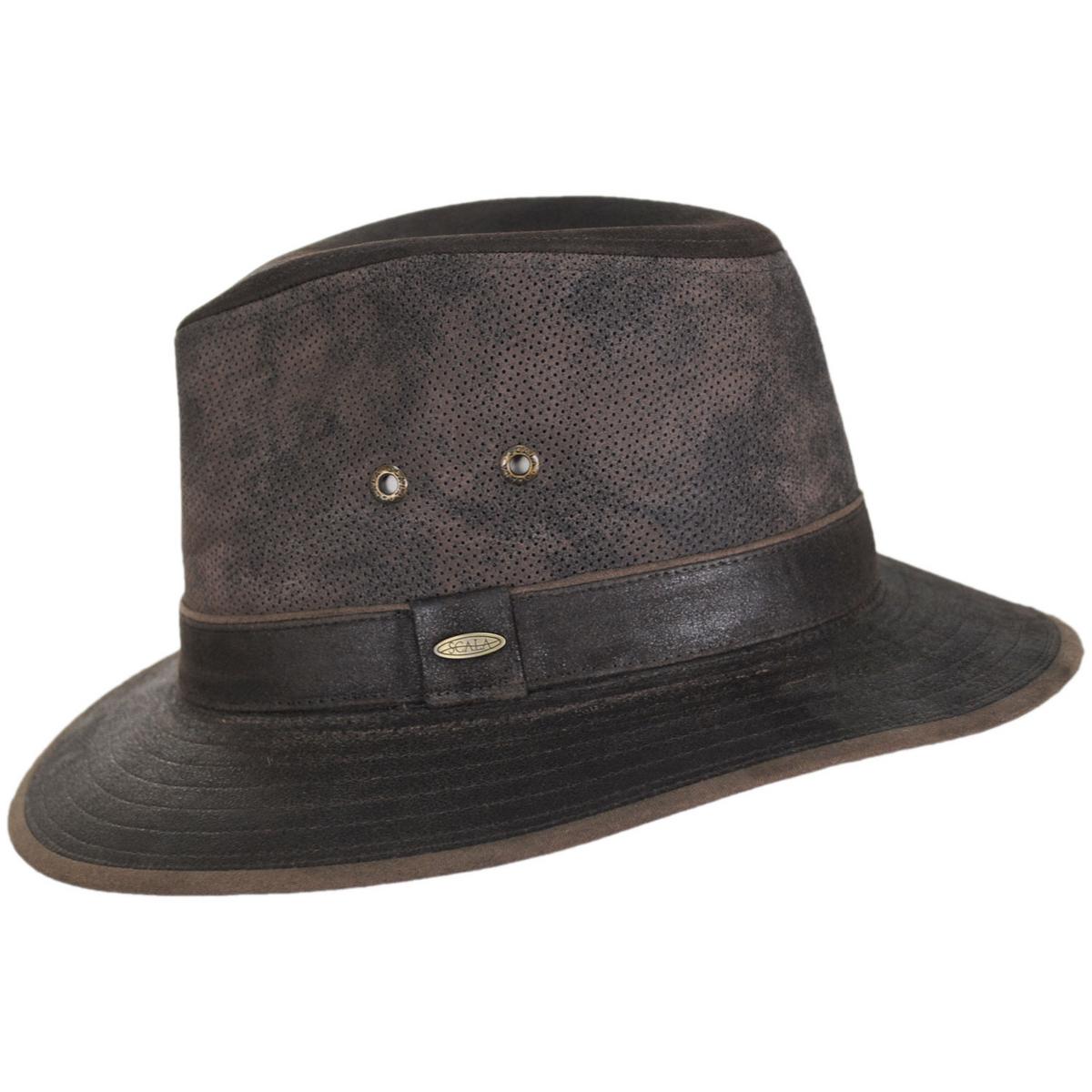 Scala | Weathered Leather Safari Fedora Hat | 140269 | profile | BROWN