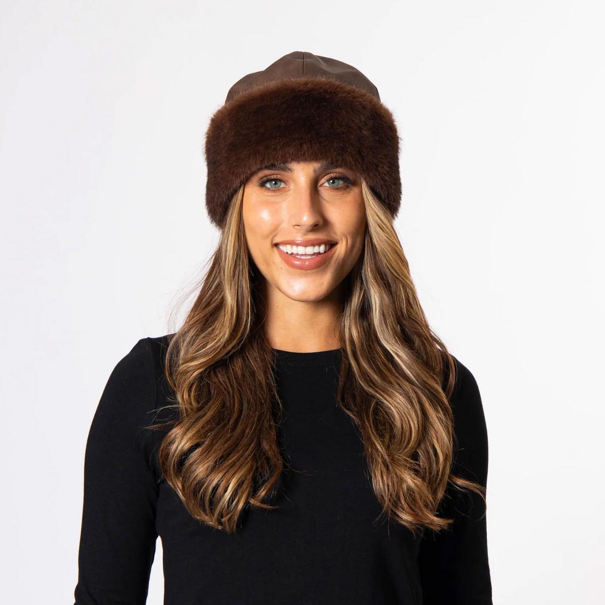 San Diego Hat Company | Aviatrix Faux Leather Beanie Hat | 108656 | lsfone | CHOCOLATE