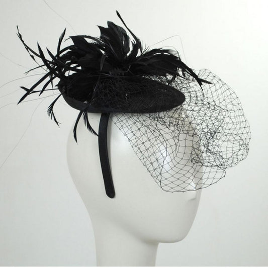 Jeanne Simmons | Veil and Feather Fascinator Headband | 120745 | front | BLACK