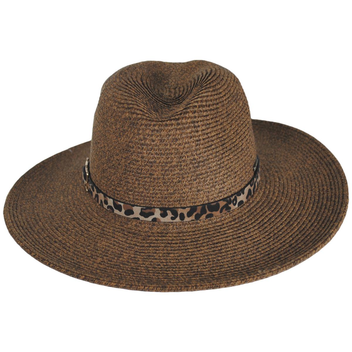 Leopard Band Toyo Straw Safari Fedora Hat