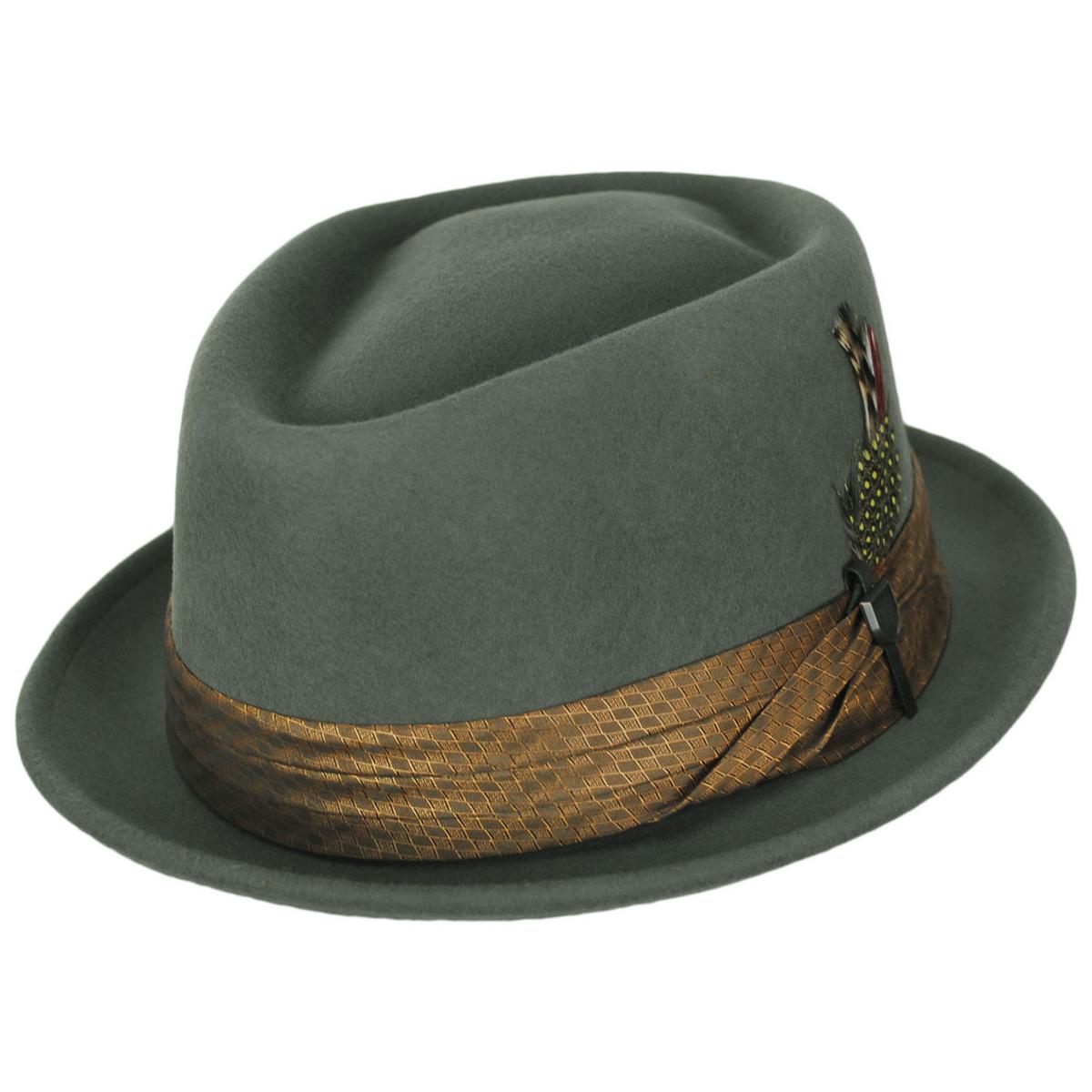 BRIXTON HATS | Stout Wool Felt Diamond Crown Fedora Hat | 135602 | lead | LIGHT MOSS/COFFEE DIAMOND