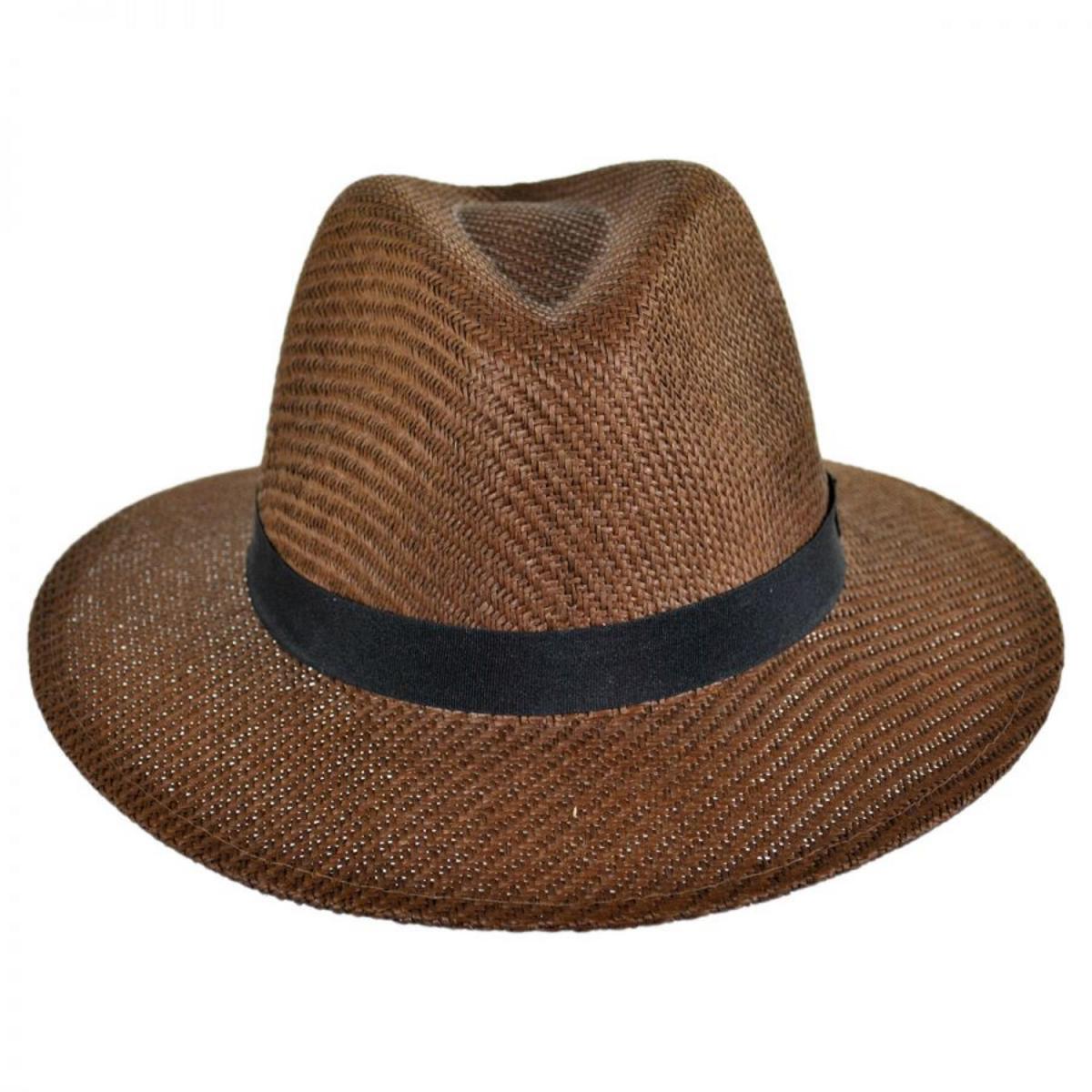 Panama Jack | Ribbon Toyo Straw Safari Fedora Hat | 126399 | front | BROWN
