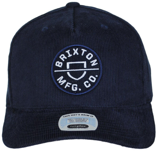 BRIXTON HATS | Crest 5-Panel Corduroy Snapback Baseball Cap | 201790HO24 | front | WASHED NAVY CORD