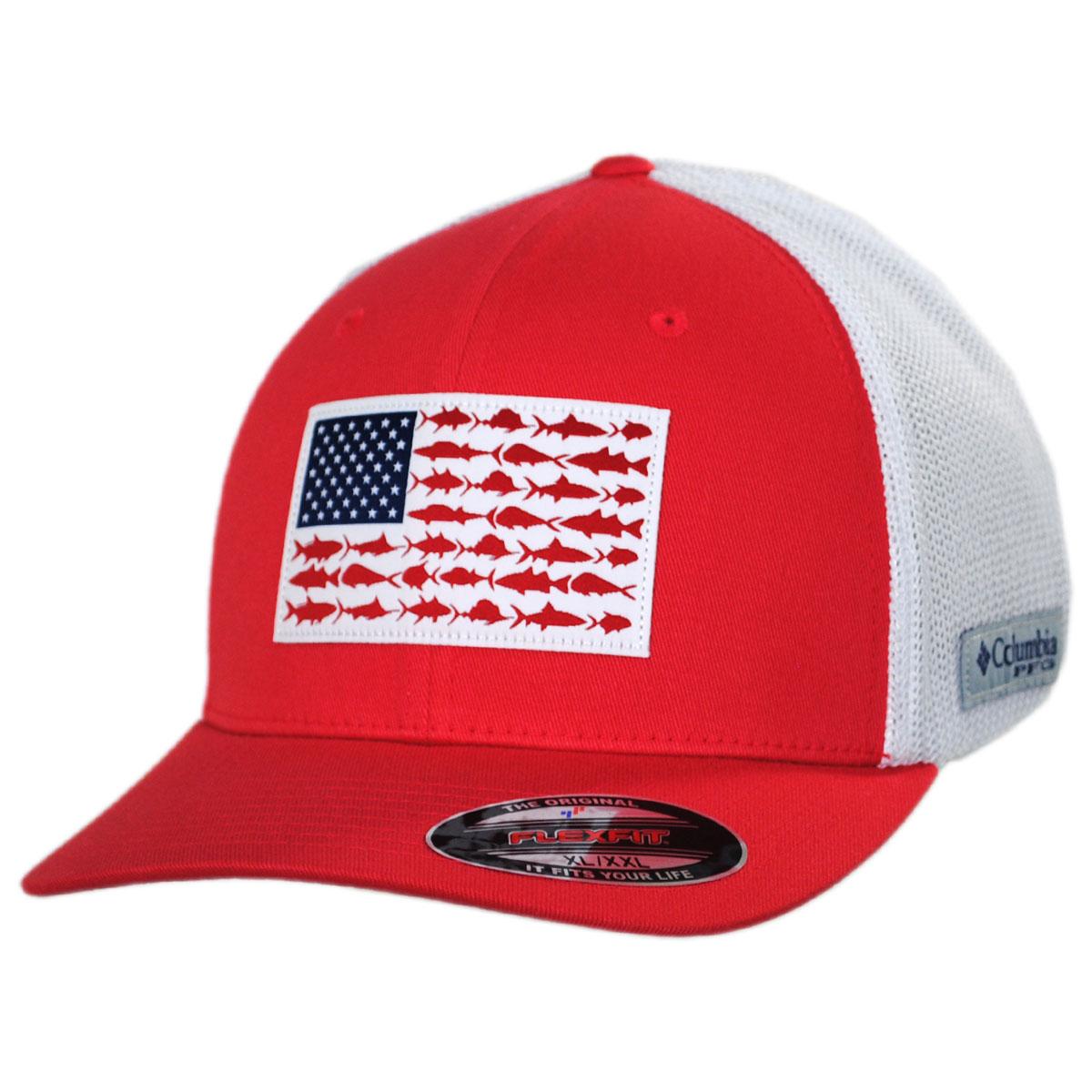 Columbia Sportswear | PFG Fish Flag Mesh Flexfit Fitted Baseball Cap | 400143 | lead | RED SPARK/WHITE