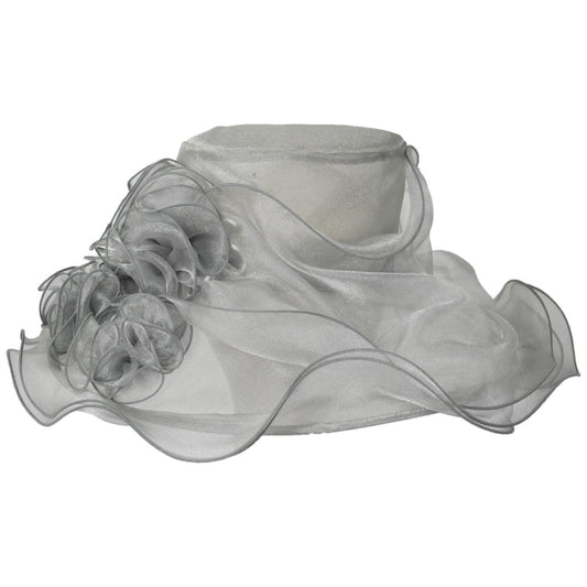 Something Special | 3 Flower Organza Boater Dress Hat | 121335 | front | SILVER