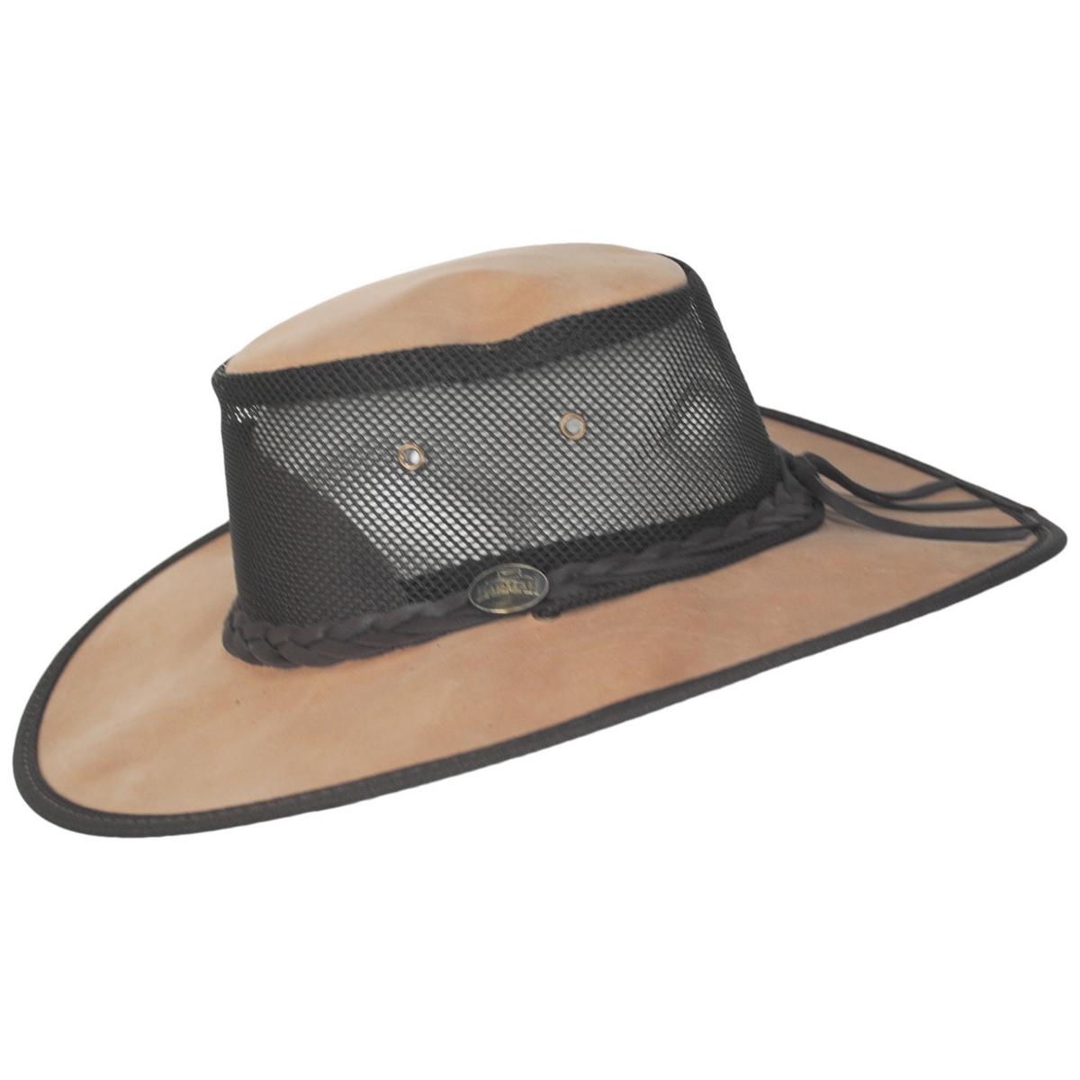 Barmah | Cooler Bronco Cattle Leather Mesh Foldaway Drover Hat | 400907 | profile | DRIFTWOOD