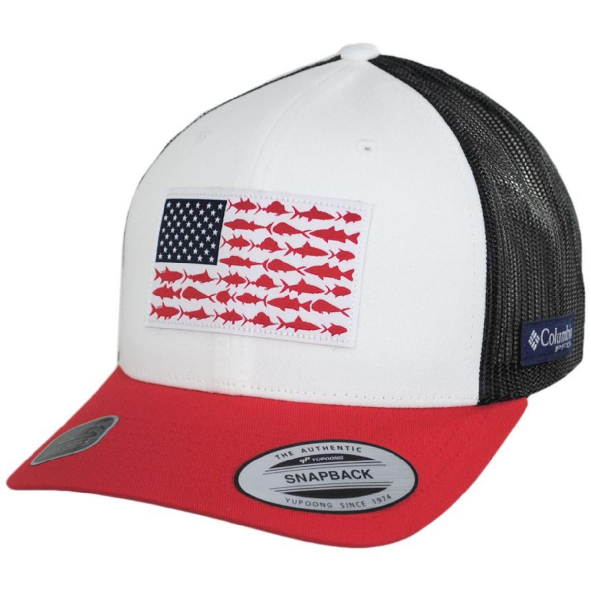 Columbia Sportswear | PFG Fish Flag Mesh Snapback Baseball Cap | 400151 | lead | WHITE/COLLEGIATE NAVY/RED SPARK