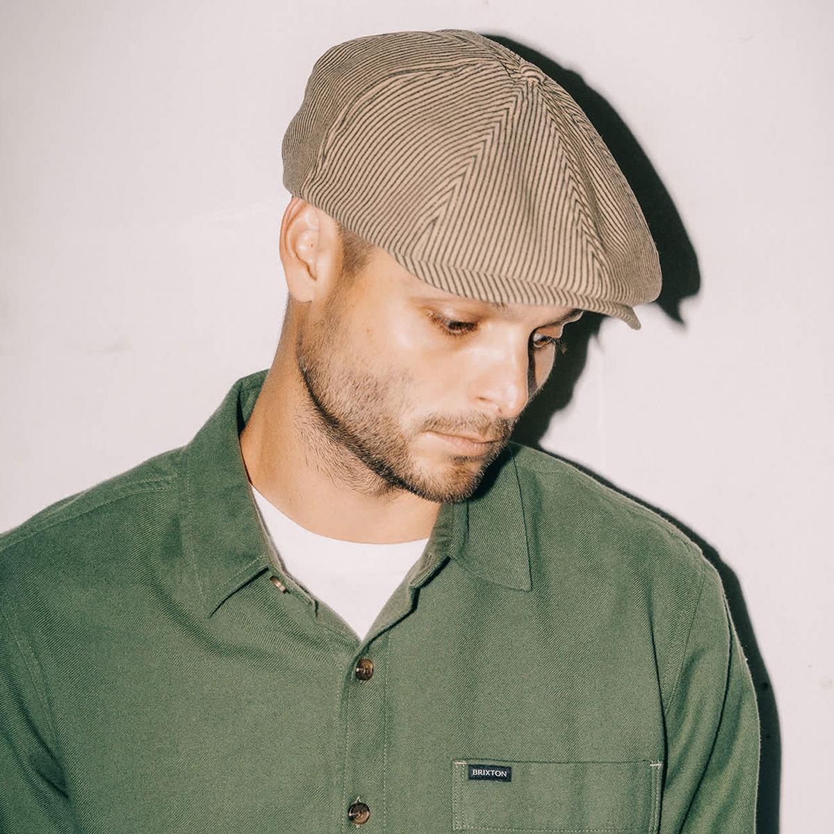 BRIXTON HATS | Brood Cotton Stripe Newsboy Cap | 161515 | lsmtwo | DARK TAN/BLACK HICKORY STRIPE