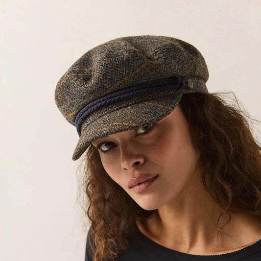 BRIXTON HATS | Herringbone Plaid Wool Blend Fiddler Cap | 181303 | lsfone | SLATE BLUE/SEPIA/ORANGE