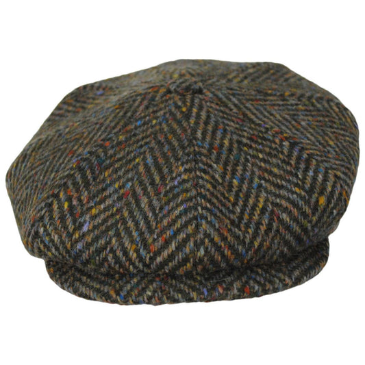 City Sport Caps | Large Herringbone Donegal Tweed Wool Newsboy Cap | 175061 | front | OLIVE MULTI