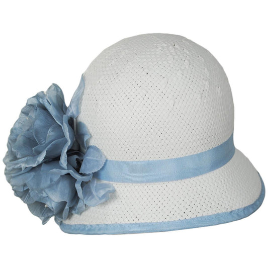 Kathy Jeanne | Peony Trio Toyo Straw Cloche Hat | 122440 | front | WHITE/LIGHT BLUE