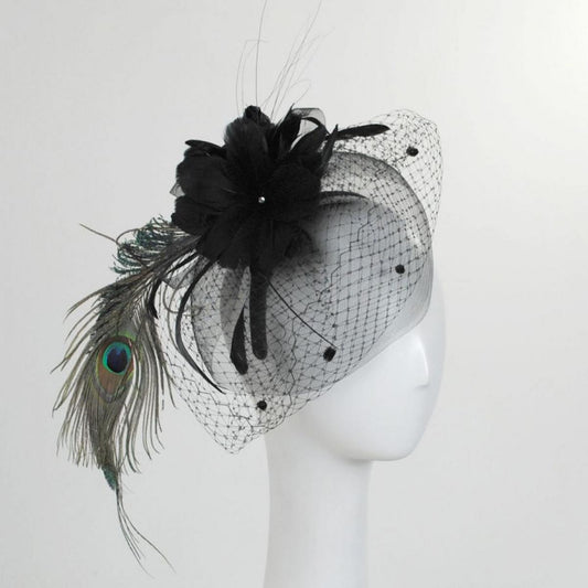 Toucan Collection | Peacock Fascinator - Made to Order | 121614 | front | BLACK