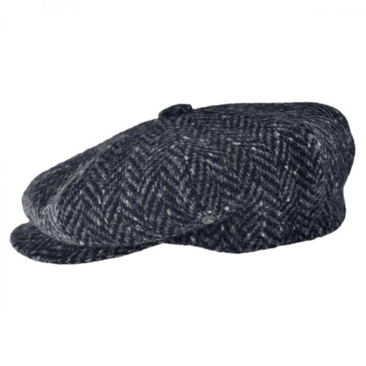 City Sport Caps | Large Herringbone Donegal Tweed Wool Newsboy Cap | 175055 | profile | BLACK/CHARCOAL