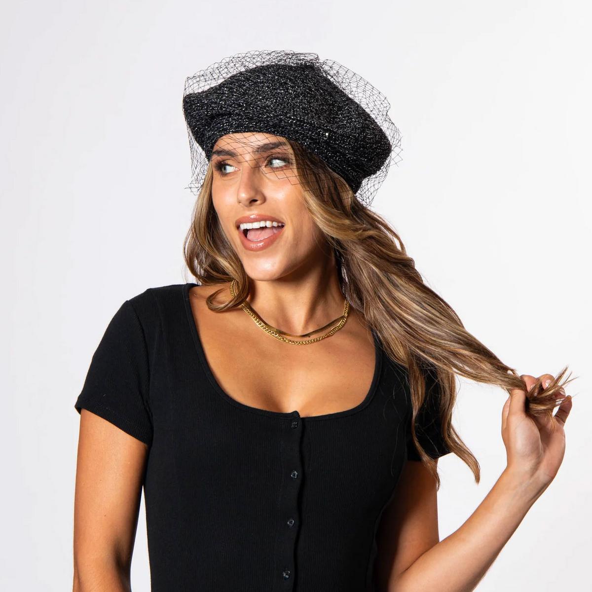 San Diego Hat Company | Bianca Knit Beret with Veil | 151614 | lsfone | BLACK