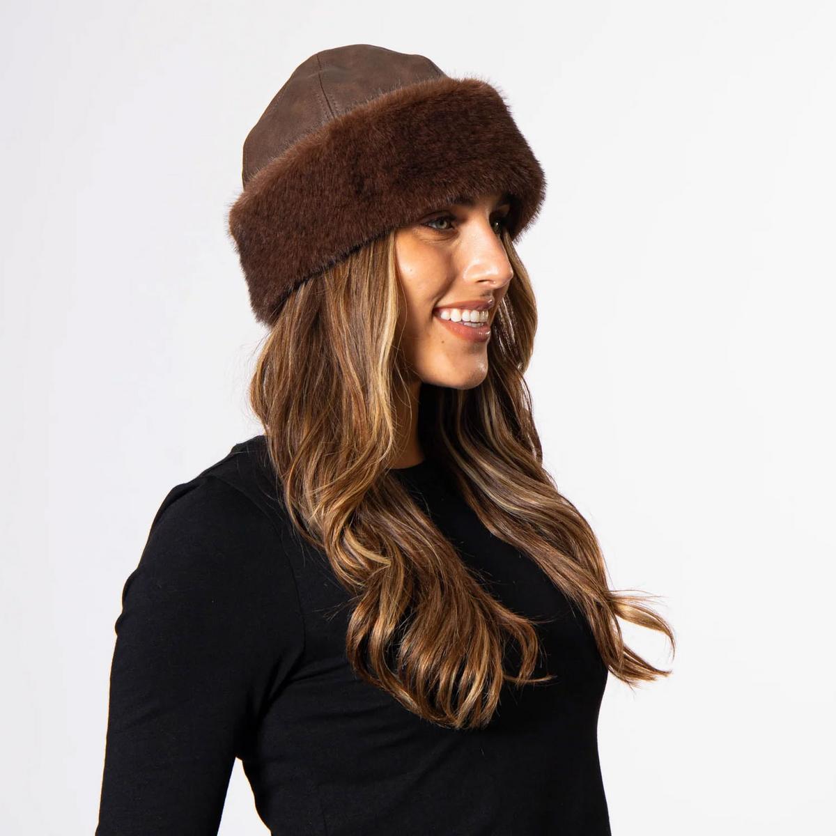 San Diego Hat Company | Aviatrix Faux Leather Beanie Hat | 108656 | lsmone | CHOCOLATE