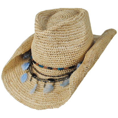 NIKKI BEACH | Morgan Crochet Raffia Straw Western Hat | 102663 | lead | NATURAL/BLUE