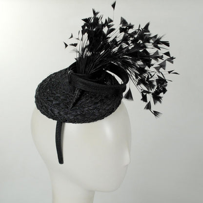 Jeanne Marie | Rainbow Feathers Parasisal Straw Pillbox Hat | 122444 | profile | BLACK/BLACK