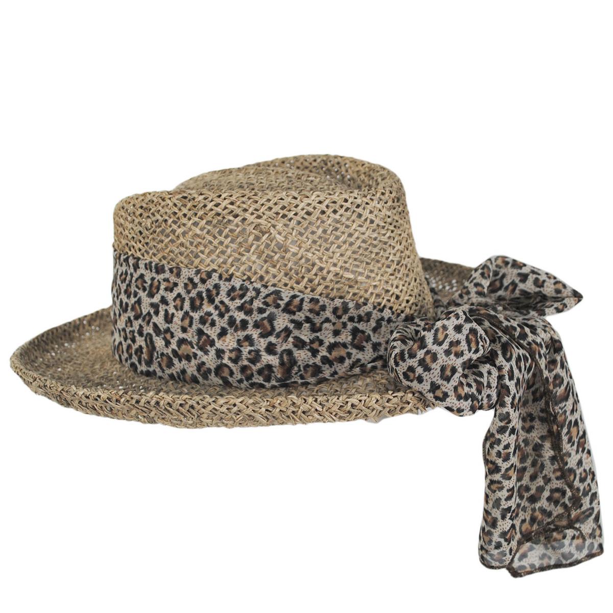 Scala | Twisted Seagrass Gambler Hat with Leopard Scarf | 101430 | profile | NATURAL