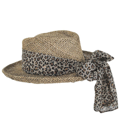 Scala | Twisted Seagrass Gambler Hat with Leopard Scarf | 101430 | profile | NATURAL