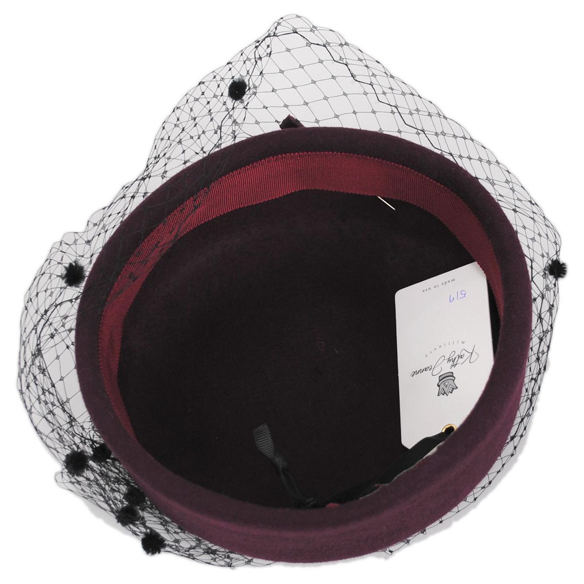Kathy Jeanne | Hatpin and Veil Wool Felt Pillbox Hat - Made to Order | 124718 | under | WINE/BLACK
