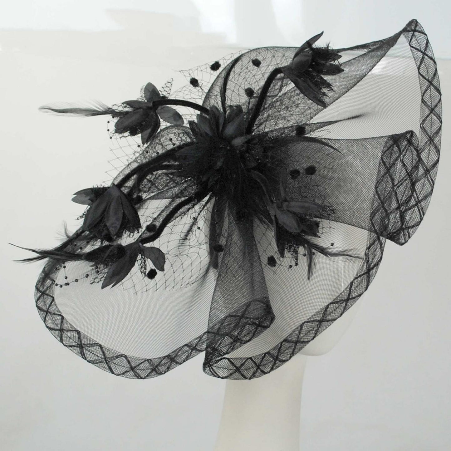 Sophia | Floral Feathered Mesh Fascinator Hat | 122906 | front | BLACK