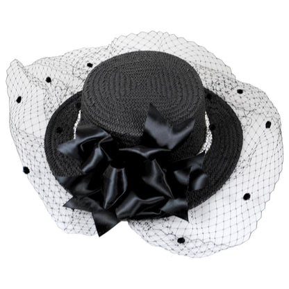 Kathy Jeanne | Toyo Straw Black Boater Hat with Veil | 122464 | top | BLACK