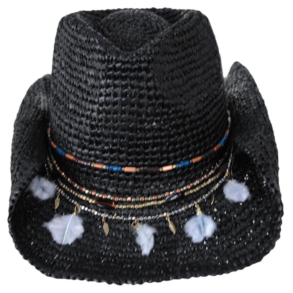 NIKKI BEACH | Morgan Crochet Raffia Straw Western Hat | 102663 | front | BLACK