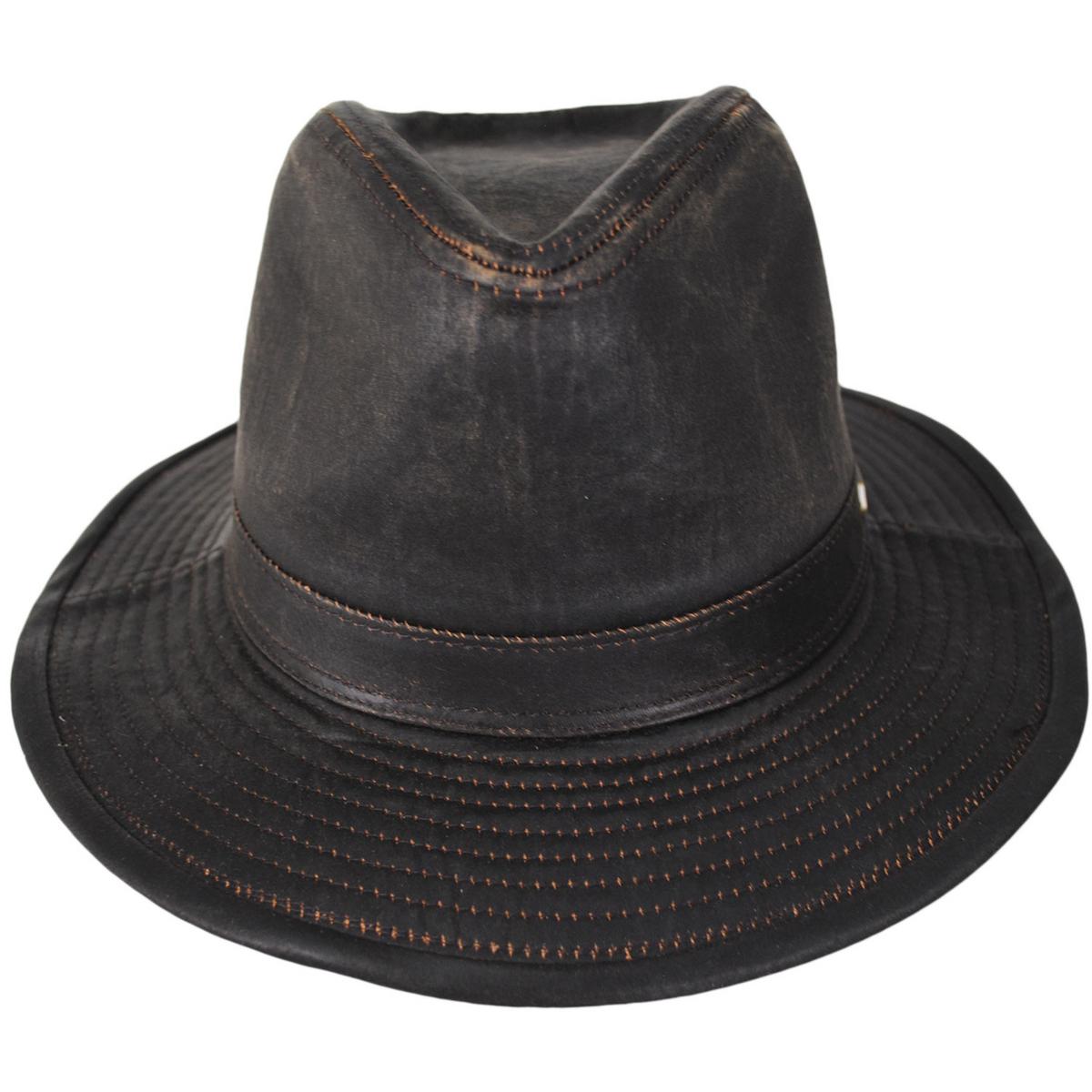 Indiana Jones | Officially Licensed Weathered Cotton Safari Fedora Hat | 140223 | front | DARK BROWN