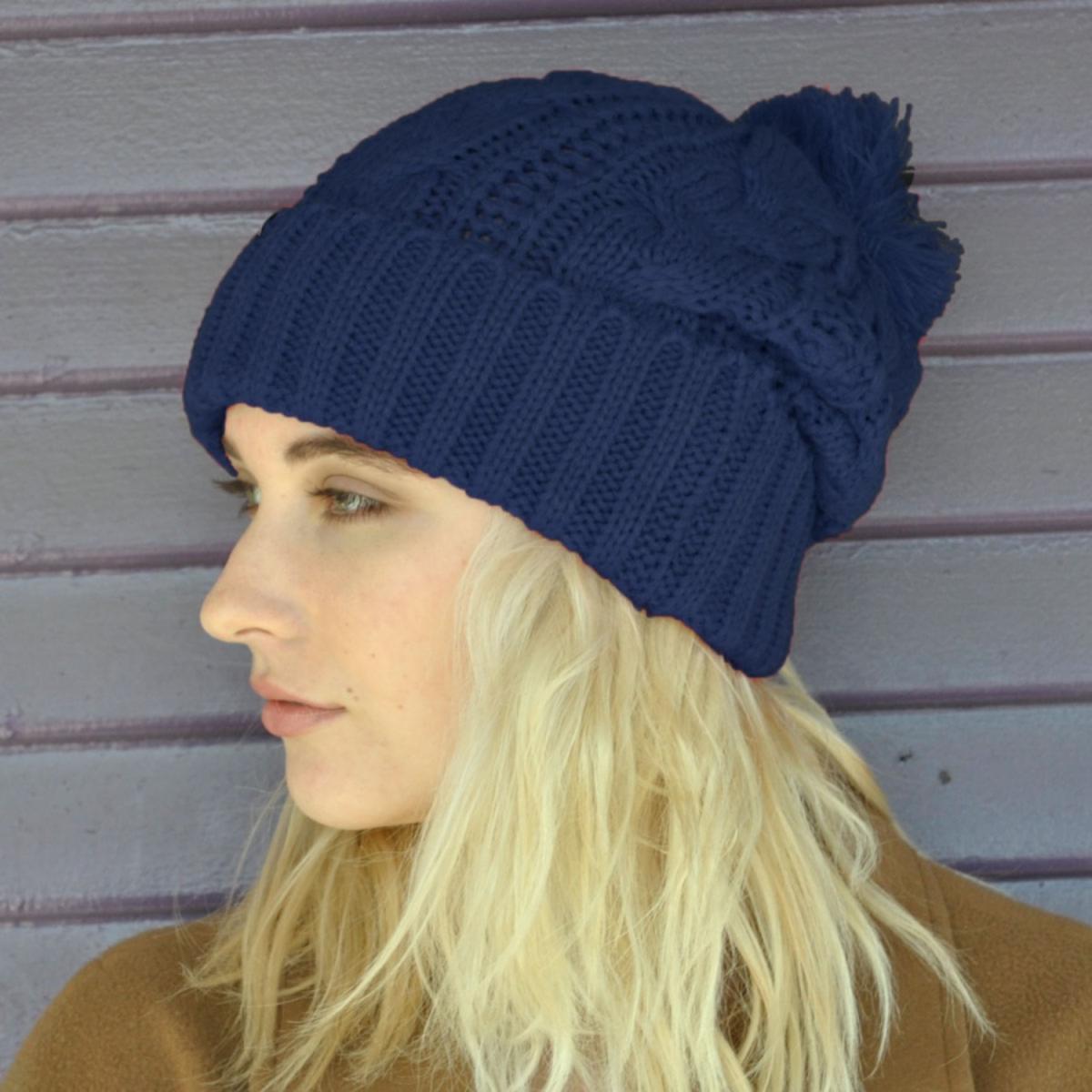 Jaxon Hats | Brooklyn Pom Knit Beanie Hat | 502913 | front | NAVY BLUE