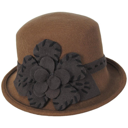 Toucan Collection | Saddle Stitch Rose Profile Wool Felt Cloche Hat - Made to Order | 125847 | profile | BROWN