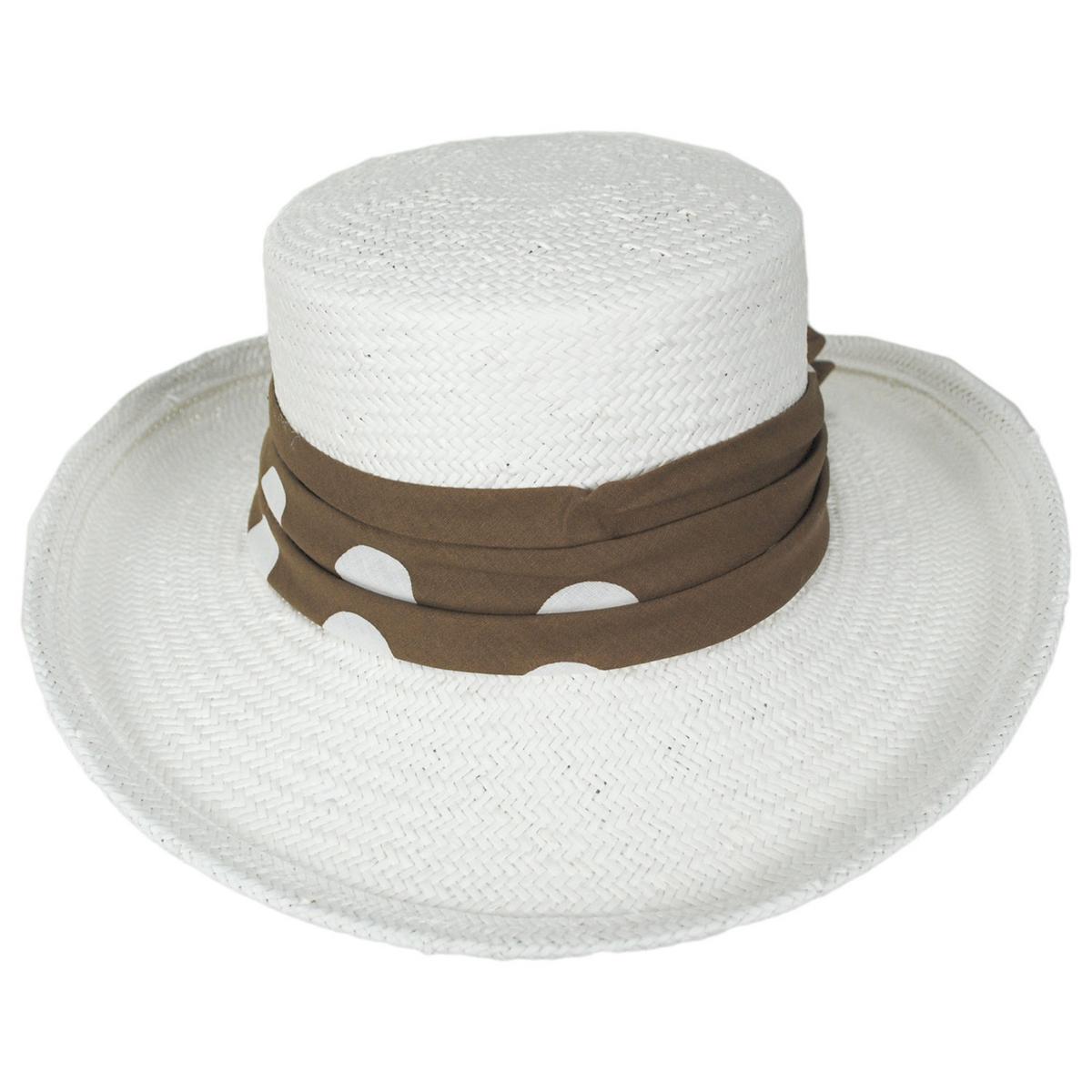 Kathy Jeanne | Vivian Toyo Straw Boater Hat | 100712 | front | WHITE/BROWN POLKA DOT
