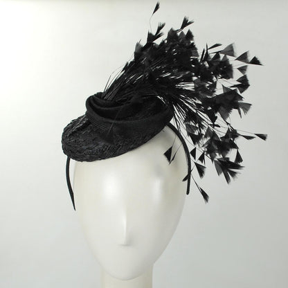 Jeanne Marie | Rainbow Feathers Parasisal Straw Pillbox Hat | 122444 | front | BLACK/BLACK