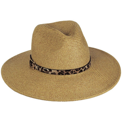 Karen Keith | Leopard Band Toyo Straw Safari Fedora Hat