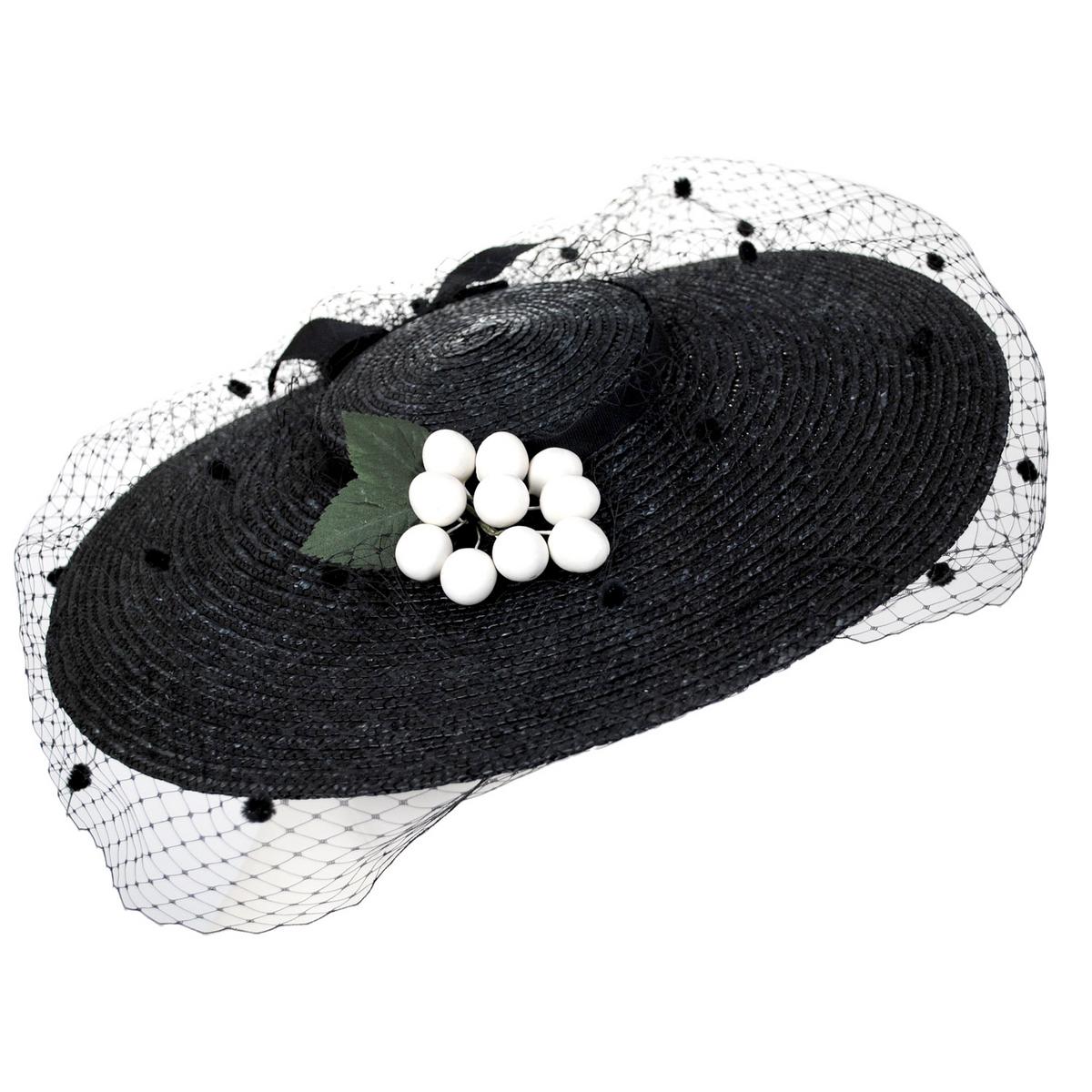 Jeanne Marie | White Cherries Milan Straw Cartwheel Dress Hat | 122446 | lead | BLACK/WHITE CHERRY