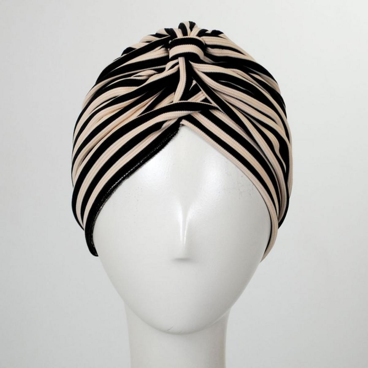 Jeanne Simmons | Striped Soft Poly Turban | 106531 | front | TAN
