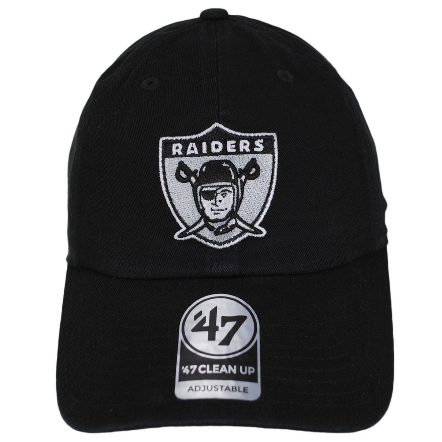 47 Brand | Las Vegas Raiders NFL Clean Up Strapback Baseball Cap Dad Hat | 203720 | front | BLACK/SILVER