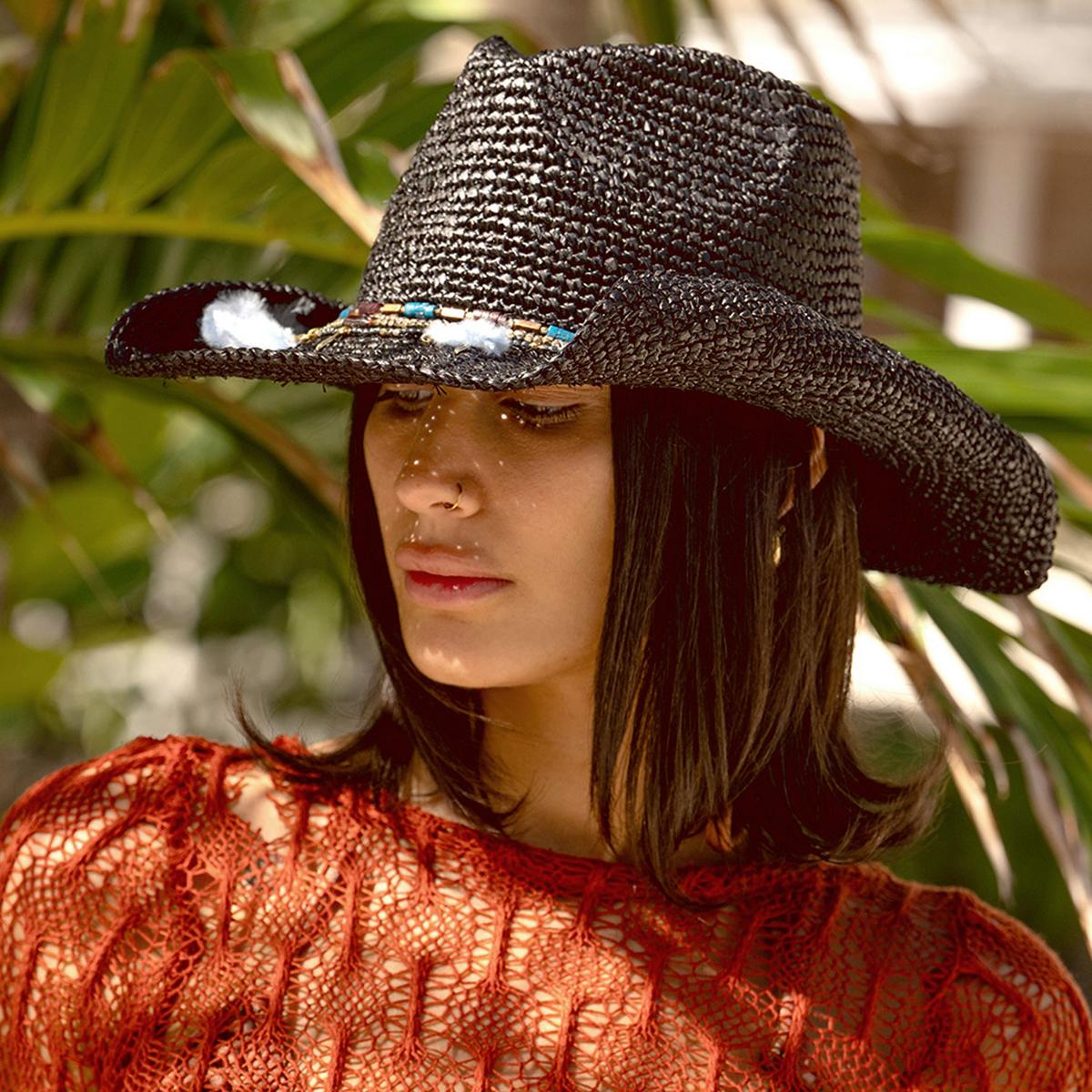 NIKKI BEACH | Morgan Crochet Raffia Straw Western Hat | 102663 | lsftwo | BLACK