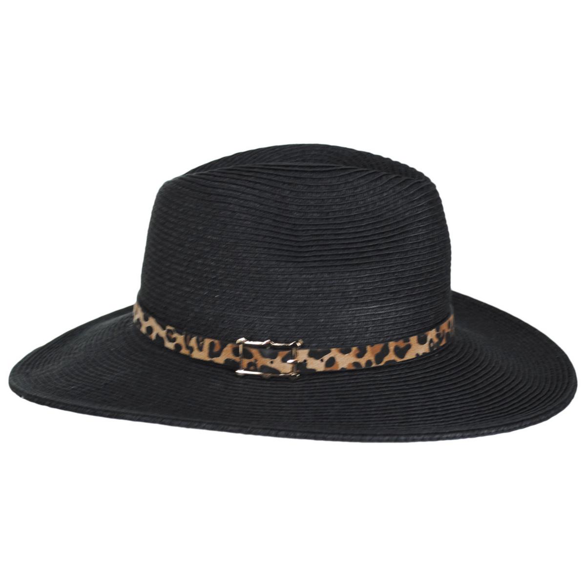 Karen Keith | Leopard Band Toyo Straw Safari Fedora Hat | 126607 | profile | BLACK