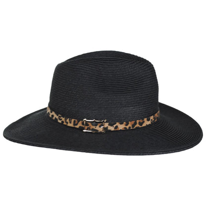 Karen Keith | Leopard Band Toyo Straw Safari Fedora Hat | 126607 | profile | BLACK