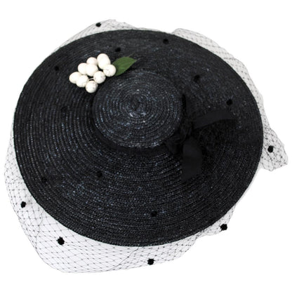 Jeanne Marie | White Cherries Milan Straw Cartwheel Dress Hat | 122446 | top | BLACK/WHITE CHERRY