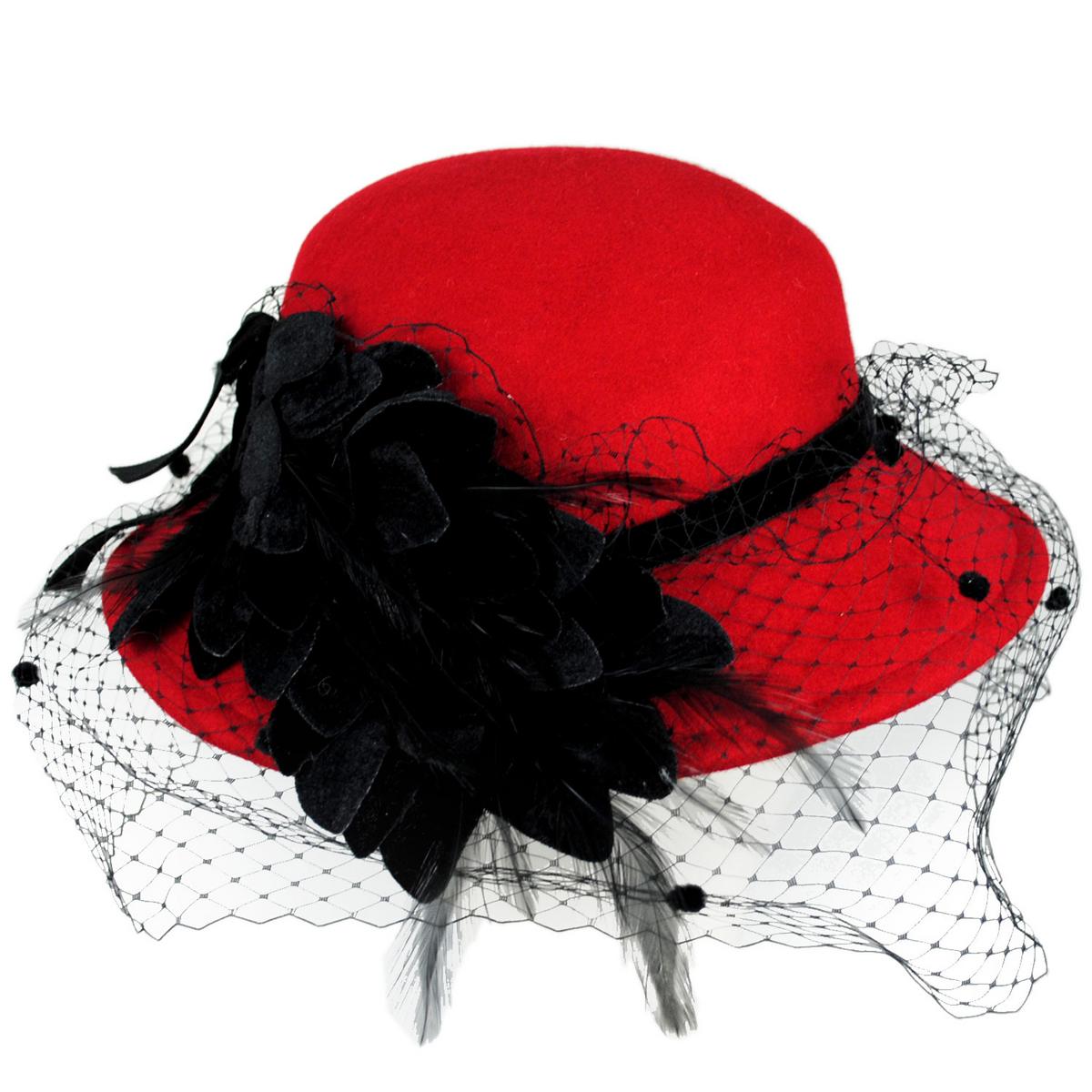 Kathy Jeanne | Flowers & Veil Wool Felt Doll Hat - Made to Order | 124719 | lead | RED/BLACK