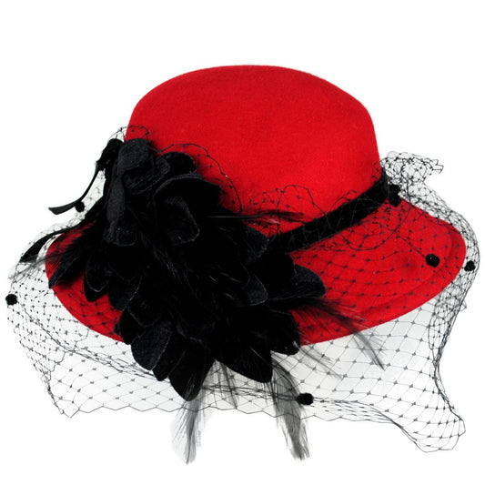 Kathy Jeanne | Flowers & Veil Wool Felt Doll Hat - Made to Order | 124719 | lead | RED/BLACK