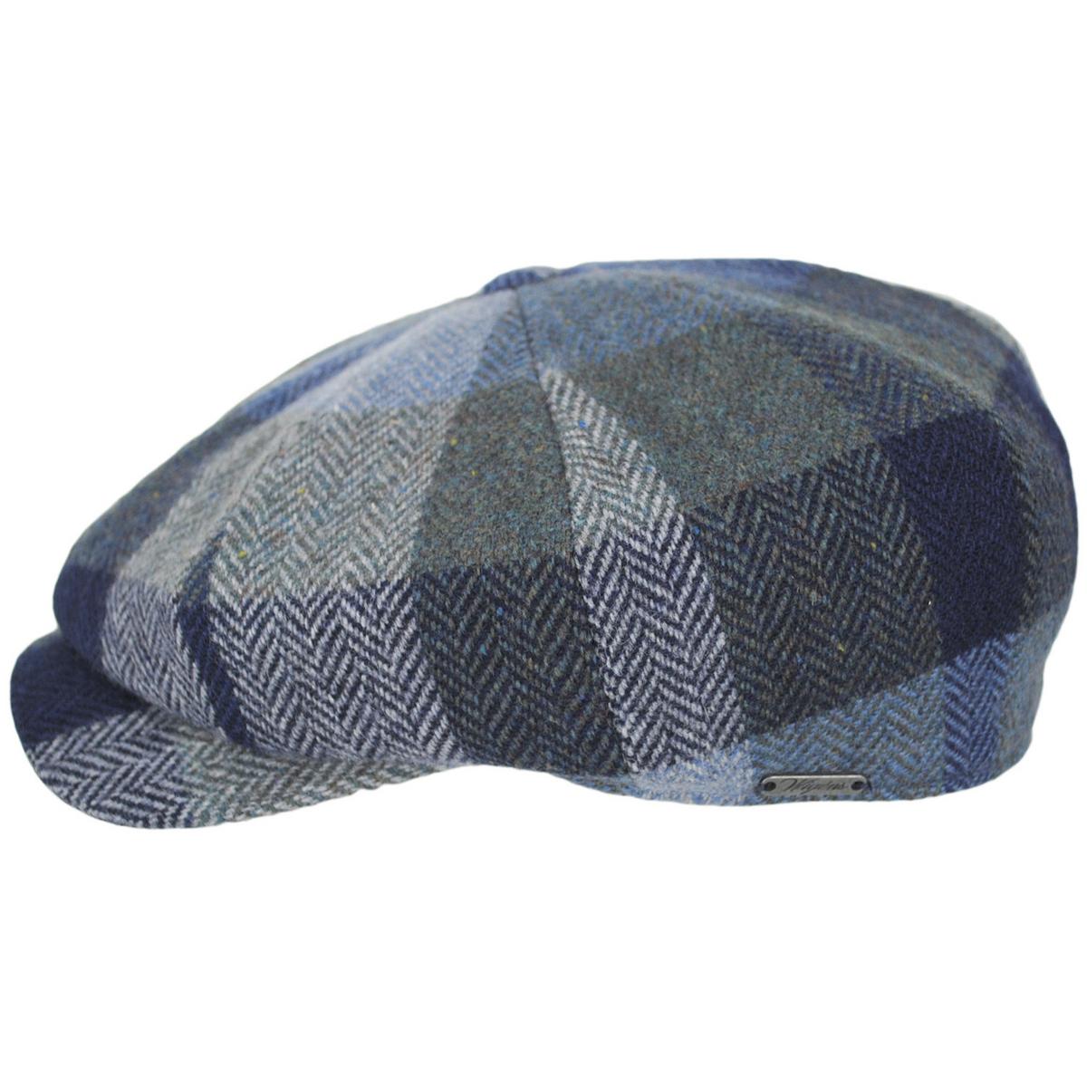 Wigens Caps | Magee Tweed Herringbone Patchwork Wool Newsboy Cap | 161972 | profile | NAVY